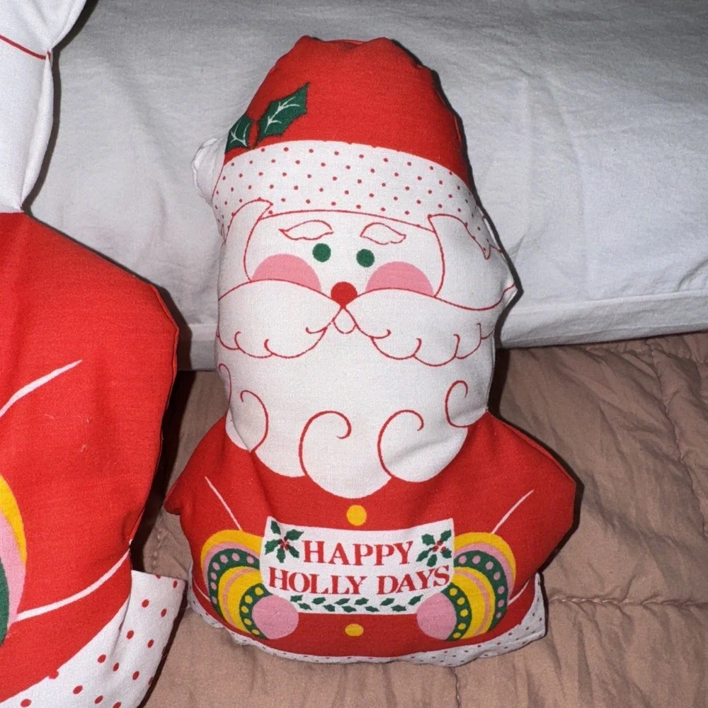 2 Vtg Fabric Handmade Stuffed Santa Pillows For Chair Or Shelf